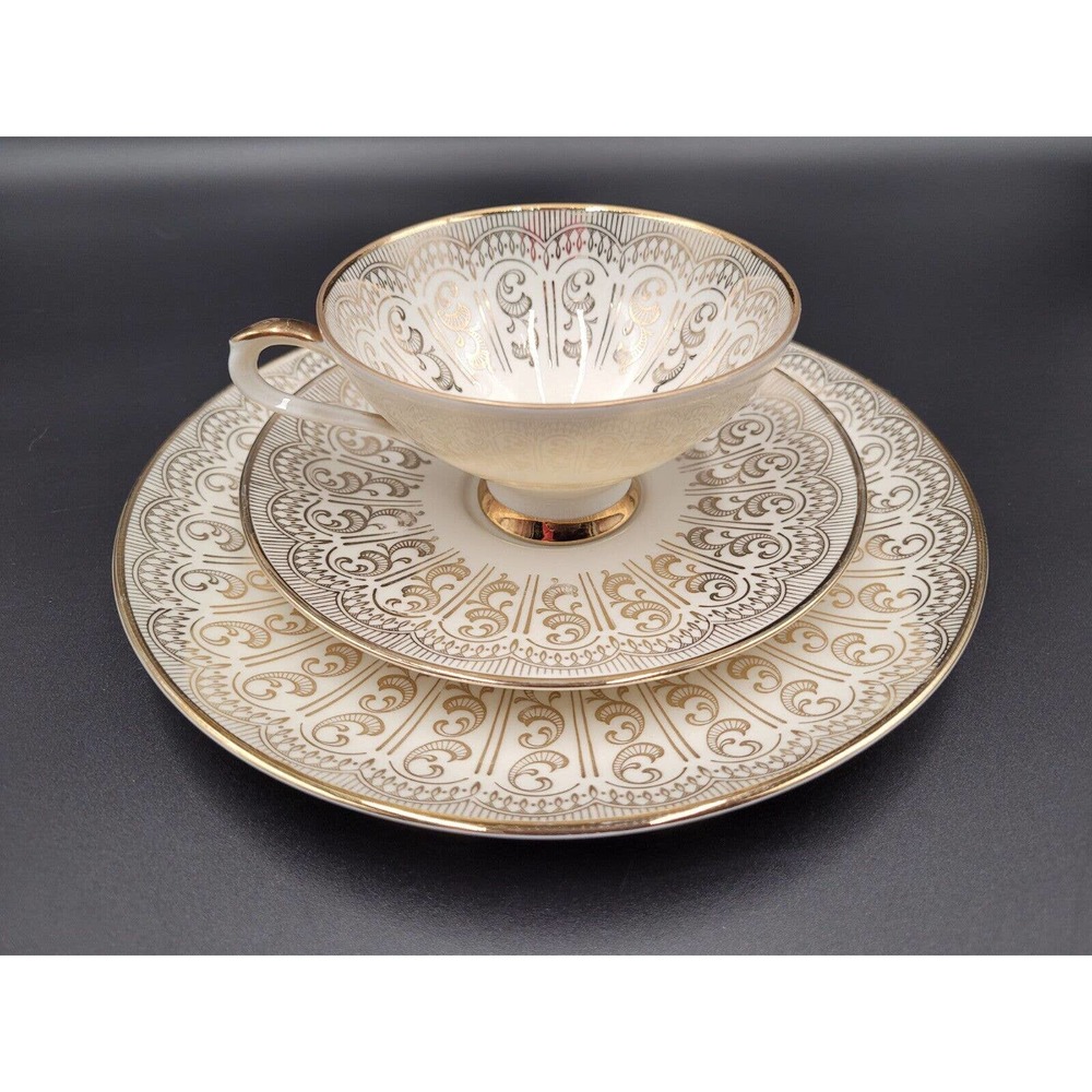 VTG Bareuther Waldsassen Luncheon Trio Set Plate Teacup Saucer 53 Gold Trim